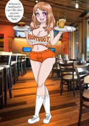  alternate_costume bare_legs beer blush breasts brown_hair cleavage clothed empty_eyes female_only femsub food hooters kobi94 large_breasts legs midriff nintendo open_mouth pink_eyes pokemon pokemon_x_and_y serena shoes short_shorts shorts smile socks solo text tray waitress 