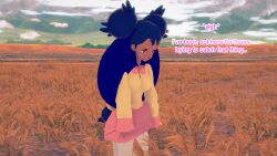 black_hair clothed crossed_arms dialogue english_text female_only iris mustardsauce outdoors pokemon pokemon_(anime) red_eyes solo text