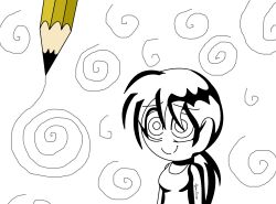 bangs bare_shoulders black_hair eyebrows_visible_through_hair eyelashes female_only femsub happy_trance hypnoscream monochrome ponytail pov_dom ring_eyes scp-085 scp_foundation simple_background solo spiral tank_top white_background white_skin wholesome