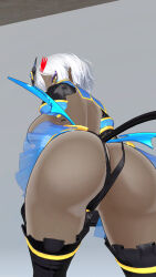  3d ass ass_focus boots breasts character_request chocc_chips cosplay crotch_tattoo cuffs dark_skin eyeshadow female_only femsub gloves grey_background hair_ornament lipstick looking_at_viewer makeup miniskirt navel opera_gloves original purple_lipstick short_hair simple_background skirt slave_gear_(ts_mahou_shoujo_nao!) sling_bikini solo thigh_boots thighhighs ts_mahou_shoujo_nao! vrchat white_hair yellow_eyes 