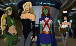 accidental_hypnosis artemis black_canary black_hair blonde_hair blue_eyes bow_tie breasts cleavage dazed dc_comics female_only femdom femsub glowing glowing_eyes green_skin happy_trance large_breasts long_hair magic magician midriff miss_martian polmanning ponytail red_hair smile super_hero text young_justice zatanna_zatara