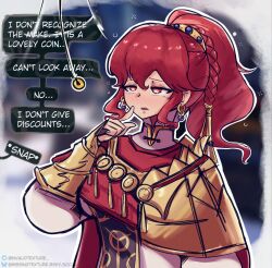 anna_(fire_emblem) bangs blush bracers braid cape clothed coin dazed earrings female_only femsub finger_snap finger_to_mouth fire_emblem fire_emblem_fortunes_weave gold heavy_eyelids jewelry long_hair nintendo open_mouth pendulum ponytail red_eyes red_hair sequence solo suit text transparenttexture 