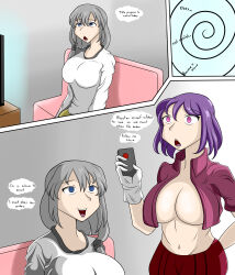 absurdres anthony322 bottomless breasts comic empty_eyes female_only femsub happy_trance hypnotized_hypnotist large_breasts open_mouth purple_hair short_hair smile tech_control text topless tsuki_uzaki uzaki-chan_wants_to_hang_out!