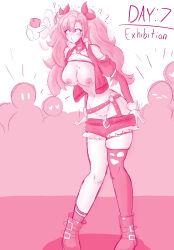 a_singular_fish belt blush boots cell_phone confused exhibitionism eyebrows_visible_through_hair gloves humiliation hypnotic_screen hypnovember jacket large_breasts long_hair mole navel nicole_demara nipples open_mouth pink_eyes pink_hair pussy shirt short_shorts shrunken_irises simple_background socks spiral_eyes thighhighs undressing white_background zenless_zone_zero