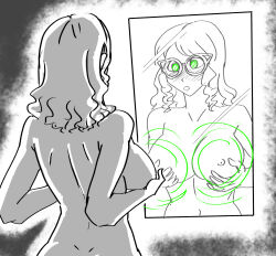  accidental_hypnosis blush breast_fondling breast_grab collarbone curly_hair female_only femsub glasses glowing_eyes green_eyes hypnotic_breasts large_breasts long_hair majinsfw mirror navel nipples nude self_hypnosis solo spiral_eyes 