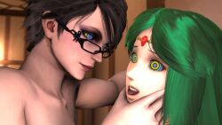  3d ahegao amateurthrowaway animated animated_gif bayonetta bayonetta_(series) black_hair bottomless breasts cleavage crown dazed female_only femdom femsub glasses glowing goddess green_hair happy_trance jewelry kaa_eyes kid_icarus large_breasts long_hair nintendo nude open_mouth palutena short_hair smile source_filmmaker spiral_eyes super_smash_bros. symbol_in_eyes tongue tongue_out topless yuri 