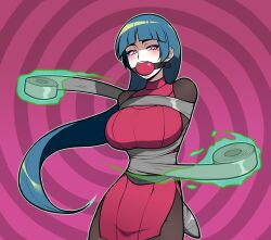  absurdres aura ball_gag bangs black_hair blue_hair blush bodysuit bondage breasts clothed curvy female_only femdom gag glowing glowing_eyes hourglass_figure jam-orbital large_breasts large_hips long_hair nintendo pink_eyes pokemon pokemon_let&#039;s_go ponytail psychic sabrina skirt solo spiral spiral_background straight-cut_bangs submissive_hypnotist tape 