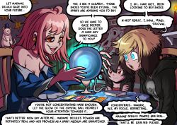  ahoge alice_(er-ikaa) awake-san bare_shoulders black_hair blonde_hair blue_eyes blue_hair book candle clothed crystal_ball delulu_(keeper_of_pots) dialogue earrings erika_(er-ikaa) failed_hypnosis female_only femdom femsub financial_domination fortune_teller glowing glowing_eyes humor hypno-tan keeper_of_pots multicolored_hair multiple_girls open_mouth original pink_hair red_eyes skull sweater tarot_card text top_hat trina_(team-tan) 