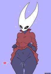  black_skin bottomless breasts bug_girl cloak clothed clothed_exposure dark_skin female_only femsub furry ghostec hollow_knight_(series) hornet_(hollow_knight) navel pussy pussy_juice simple_background skirt skirt_lift solo spiral_eyes standing symbol_in_eyes thick_thighs wide_hips 
