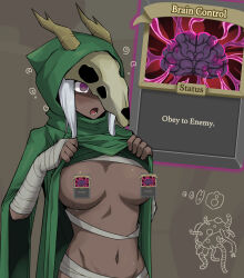 bandage blush brain_control_(yu-gi-oh!) breasts card clothed_exposure crossover dark_skin dazed dress dress_lift drool english_text exposed_chest femsub gameplay_mechanics glowing_eyes hood horns midriff navel open_mouth silent_(slay_the_spire) skull slay_the_spire spiral sweat text tunberuku white_hair yu-gi-oh! 
