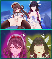  3d absurdres aura bottomless breasts breasts_outside brown_hair censored closed_eyes columbina_(genshin_impact) crotch_rub demon_girl eye_color_change female_only femdom femsub fingering genshin_impact hu_tao_(genshin_impact) long_hair masturbation multiple_girls nail_polish neru_tsf night nipples orange_eyes outdoors possession purple_hair pussy red_eyes succubus yuri 