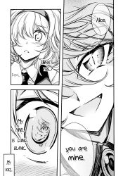 alice_margatroid artist_request blush comic fangs femdom femsub glowing glowing_eyes greyscale hard_translated hypnotic_eyes monochrome open_mouth remilia_scarlet short_hair text touhou translated vampire