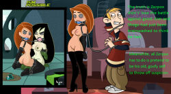 arms_behind_back ball_gag black_hair blonde_hair bondage boots bottomless breasts collar disney erect_nipples femsub gag gloves green_hair green_skin hypnotic_eyes kim_possible kim_possible_(series) leash long_hair maledom manip nipples nude opera_gloves orange_hair red_hair ron_stoppable shego spiral_eyes super_hero symbol_in_eyes text thigh_boots thighhighs topless western zodiac_(manipper)