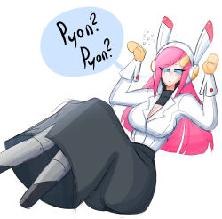 a_singular_fish blue_eyes blue_sclera blush bunny_girl cleavage clothed confused cuffs drool earpiece eyebrows_visible_through_hair female_only femsub glowing_eyes hair_clips heavy_eyelids kirby_(series) large_breasts long_hair long_skirt nintendo pet_play pink_hair scarf simple_background sitting solo susie_(kirby) t-shirt text white_background