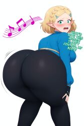  ai_art ass ass_focus bangs bent_over blonde_hair blush body_control bouncing_breasts braid breath_of_the_wild elf_ears embarrassed female_only femsub from_behind gloves green_eyes hair_clips hair_ornament huge_ass hypnotic_audio hypnotic_music looking_at_viewer maledom minimimic_(generator) minimimic_(manipper) music nintendo open_mouth pants princess_zelda short_hair simple_background stable_diffusion_(ai) text the_legend_of_zelda tight_clothing twerk white_background 