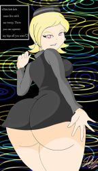  ass ass_focus blonde_hair dialogue earthbound earthbound_(series) female_only femdom looking_at_viewer looking_back lorddandan nintendo pov pov_sub short_hair smile solo tagme text 
