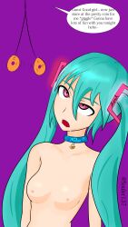 absurdres blue_hair bottomless breasts coin collar dialogue drool empty_eyes female_only femdom femsub long_hair miku_hatsune nude pendulum red_eyes soul text topless vocaloid yuri
