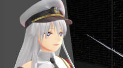 3d airmotor azur_lane bare_shoulders dress_shirt enterprise_(azur_lane) female_only femsub happy_trance heavy_eyelids long_hair military_hat military_uniform mmd purple_eyes smile tagme tie white_hair