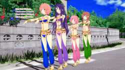  bracelet brown_hair choker cleavage clothed collar collarbone doki_doki_literature_club english_text expressionless female_only femsub hair_ornament harem_outfit long_hair midriff monika multiple_girls multiple_subs natsuki_(doki_doki_literature_club) navel open_mouth pink_hair ponytail purple_hair sandals sayori short_hair sonrio12 yuri_(doki_doki_literature_club) zombie_walk 