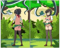 ass asuka_(senran_kagura) bikini bikini_bottom bikini_top bra brown_hair cleavage disney femsub hair_ribbon happy_trance huge_breasts jimryu jungle kaa kaa_eyes large_ass large_breasts maledom panties ponytail school_uniform senran_kagura shirt_lift shoes skirt skirt_lift smile snake standing striped_panties the_jungle_book thighhighs thighs trees