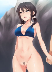  altered_common_sense armpits ass bikini breasts brown_hair cleavage collarbone comic expressionless female_only femsub flower_in_hair grey_eyes hisako_(kaiga) holding_hands huge_breasts humiliation kaiga netorare open_mouth pussy saimin_appli_ver._666 short_hair thick_thighs 