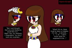 aged_up alternate_costume anakaris bare_shoulders breasts brown_hair capcom charlotte_emily clothed darkstalkers dialogue dress egyptian empty_eyes english_text eye_color_change eyeshadow femsub five_nights_at_freddy's hand_on_head happy_trance hypnoscream long_hair makeup maledom one_eye_open red_eyes simple_background smile spiralwash_eyes text