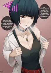  bangs blue_hair breasts breath brown_eyes choker cleavage control_indicator dialogue doctor drool empty_eyes eroborne expressionless femsub gameplay_mechanics goth lab_coat necklace persona_(series) persona_5 short_hair simple_background speech_bubble tae_takemi tank_top text undressing 