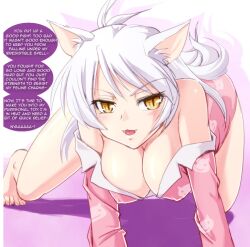 bakemonogatari black_hanekawa breasts caption caption_only cat_girl erect_nipples femdom hwd171_(manipper) large_breasts looking_at_viewer manip open_clothes open_mouth pov pov_sub text yellow_eyes