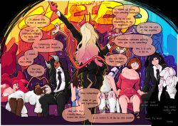  character_request cleavage demon_girl drool horns large_breasts multiple_girls original pupsoph sleep_command sleeping stage_hypnosis text 