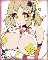  bare_shoulders blonde_hair breasts cleavage empty_eyes erect_nipples expressionless female_only femsub gloves glowing glowing_eyes hair_ornament hibiki_tachibana kuro_mushi large_breasts leotard magical_girl open_clothes open_mouth pasties senki_zesshou_symphogear short_hair solo star_pasties surprised unaware yellow_eyes 