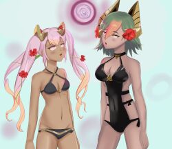 bikini breasts dark_skin empty_eyes expressionless female_only femsub fire_emblem fire_emblem_heroes green_hair hypnotic_orb laegjarn_(fire_emblem) laevatein large_breasts multiple_girls multiple_subs nintendo open_mouth pink_hair red_eyes simple_background smeef