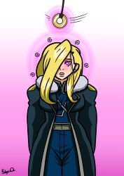  blonde_hair female_only femsub fullmetal_alchemist kilroylucy18 military_uniform olivier_mira_armstrong pendulum simple_background 