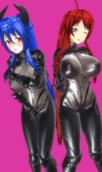  3d ahoge arms_behind_back before_and_after blue_eyes blue_hair blush bodysuit custom_maid_3d_2 female_only hidoi_koto_suru_man horns large_breasts looking_at_viewer multiple_girls open_mouth pink_background ponytail red_eyes red_hair simple_background standing wink 