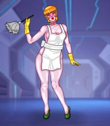 apron blush collar dexter&#039;s_laboratory feather_duster femsub gloves glowing_eyes heart_eyes hypnotic_accessory mom_(dexter&#039;s_lab) mspainter red_hair shoes short_hair smile tech_control
