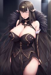    ai_art black_hair breasts cleavage dazed empty_eyes eye_roll fate/apocrypha fate_(series) femsub hair_ornament huge_breasts lillytank_(generator) long_hair novelai_(ai) semiramis_(fate) 