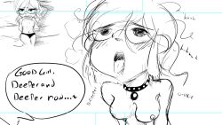 blush breasts collar dazed drool empty_eyes femsub glasses inkbean lineart open_mouth original panting sketch text tongue tongue_out topless