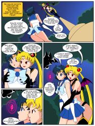 absurdres blonde_hair blue_eyes blue_hair boots comic evil_smile expressionless femdom femsub gloves groping hypnotic_accessory hypnotized_hypnotist jimryu open_mouth opera_gloves pendulum red_eyes sailor_mercury sailor_moon sailor_moon_(series) smile text thigh_boots twintails