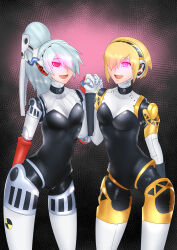  absurdres aegis_(persona) blonde_hair breasts choker corruption female_only femsub glowing glowing_eyes hair_covering_one_eye happy_trance labrys_(persona) large_breasts latex leotard multiple_girls open_mouth persona_(series) persona_3 persona_4_arena pink_eyes ponytail robot robot_girl short_hair silver_hair simple_background sisters smile standing tech_control tongue usagiforehead 