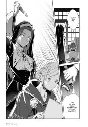  braid cloak comic empty_eyes enemy_conversion english_text female_only femsub greyscale hard_translated i&#039;m_in_love_with_the_villainess long_hair misha_jur monochrome multiple_girls nun official right_to_left speech_bubble text translated unfocused_eyes weapon 