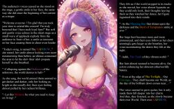  ai_art bare_shoulders caption caption_only cleavage dress eternalchaos_(manipper) femdom hair_ornament hypnotic_breasts hypnotic_music hypnotic_voice large_breasts long_hair looking_at_viewer manip mass_hypnosis microphone multicolored_hair patience_ai purple_eyes singing text 