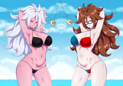  ahoge alternate_form android_21 arms_above_head arms_behind_back beach bikini_bottom bikini_top breasts brown_hair cleavage coin dragon_ball dragon_ball_fighterz dual_persona earrings female_only femsub glasses glowing happy_trance huge_breasts large_hips lindaroze long_hair looking_at_viewer manip misterman4_(manipper) multiple_girls multiple_persona open_mouth pendulum pink_skin spiral_eyes swimsuit symbol_in_eyes tagme white_hair 