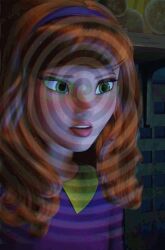  3d animated animated_gif breasts clothed daphne_blake female_only femsub hypnotizemesenpai_(manipper) long_hair manip open_mouth orange_hair red_hair scooby-doo_(series) seizure_warning spiral subliminal text 