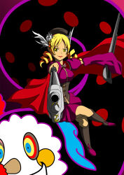  absurdres alternate_color_scheme blonde_hair boots cape corruption corset drill_hair enemy_conversion evil_smile gun hat here_and_there kaa_eyes lipstick mami_tomoe possession puella_magi_madoka_magica ribbon skirt smile tentacles weapon yellow_eyes 
