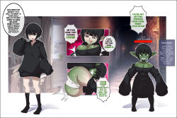 ass_focus before_and_after black_hair breast_expansion clare_(erasethismail) comic earrings erasethismail goblin goblin_girl heart_eyes large_breasts small_breasts text tight_clothing transformation