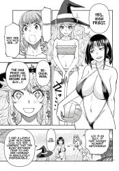  artist_request blush breasts collarbone dialogue earrings empty_eyes eyebrows_visible_through_hair female_only femdom femsub happy_trance hard_translated jewelry large_breasts long_hair midriff monochrome multiple_girls navel ring_eyes short_hair simple_background sparkle speech_bubble sweat swimsuit symbol_in_eyes tagme translated ura_dungeon_okusan white_background witch_hat 