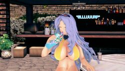 bikini bikini_bottom bikini_top blue_eyes blue_hair breasts closed_eyes clothed drinking english_text female_only karen_(pokemon) mustardsauce pokemon pokemon_(anime) solo text