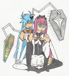 blue_hair cocona emerald_lazers flip_flappers long_hair papika pink_hair spiral_eyes symbol_in_eyes traditional
