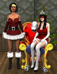 3d bare_shoulders belt black_hair blue_eyes boots breasts christmas christmas_tree cleavage collarbone curia_(dd) earrings expressionless femsub gloves hat high_heels huge_breasts jewelry long_hair maledom mask member9 miss_britain opera_gloves original pizza_guy_(pizzanerd1) red_lipstick short_hair sitting skirt thighhighs