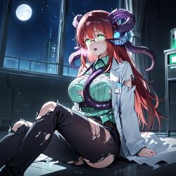 ai_art alien brain_drain glowing_eyes goaa112_(generator) green_eyes lab_coat large_breasts night parasite red_hair scientist tagme tentacles torn_clothes