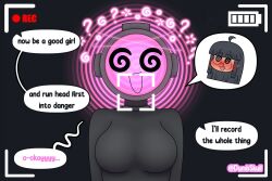  ahoge black_hair blush bodysuit breasts camera content_warning dialogue dumbskull english_text eyebrows_visible_through_hair female_only femsub gameplay_mechanics glasses grey_background happy_trance humor hypnotic_screen long_hair looking_at_viewer open_mouth original pov_dom signature simple_background smile solo speech_bubble spiral spiralwash_eyes text tight_clothing valerie_(dumbskull) 